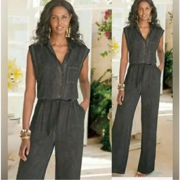 Soft Surroundings Camilla Wide Leg Jumpsuit Gray Black Cap Sleeve Size  2X NWT - Picture 1 of 12